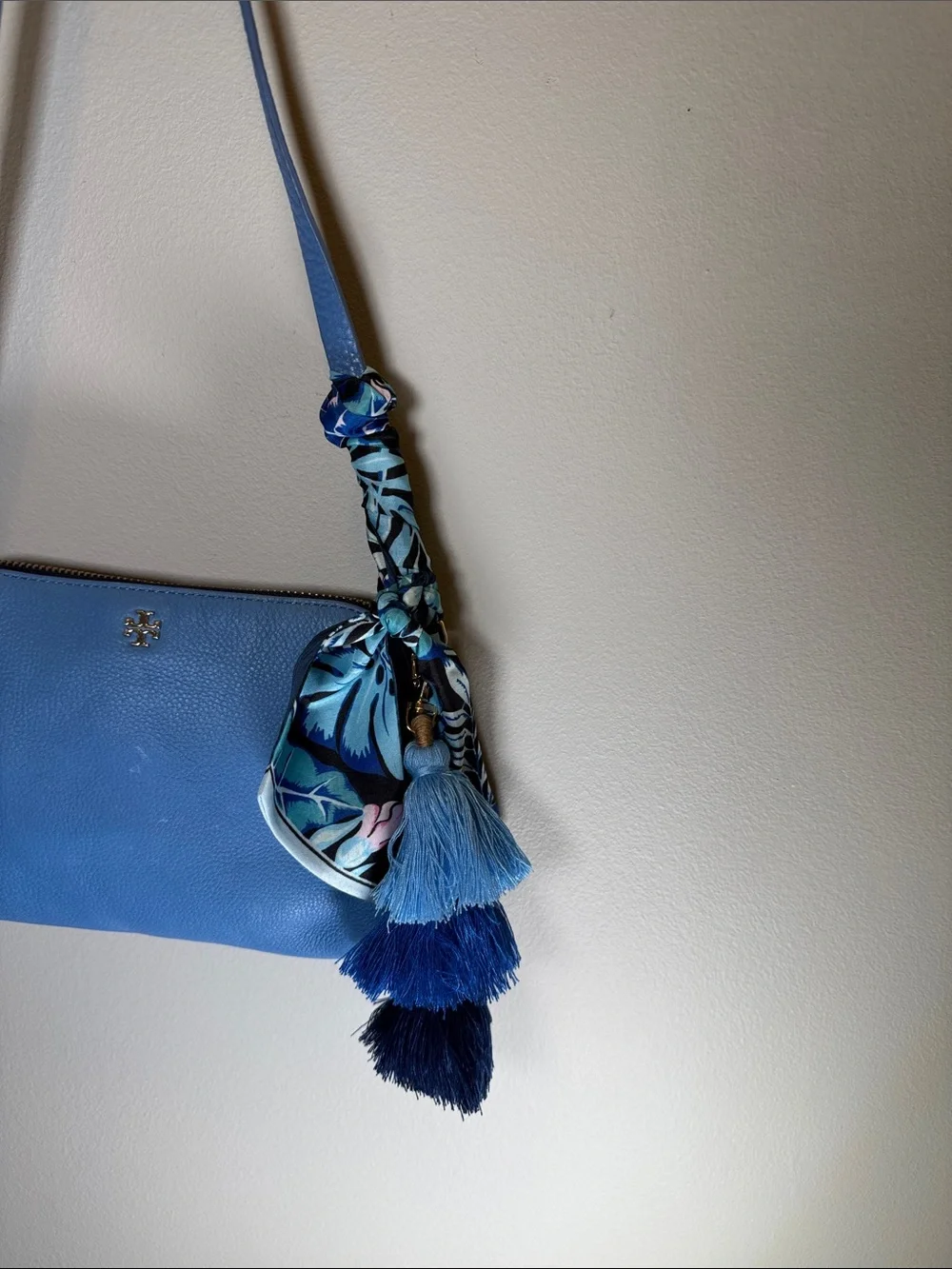 Tory Burch Blue Pebbled Leather Crossbody Bag + Twilly & Charms
